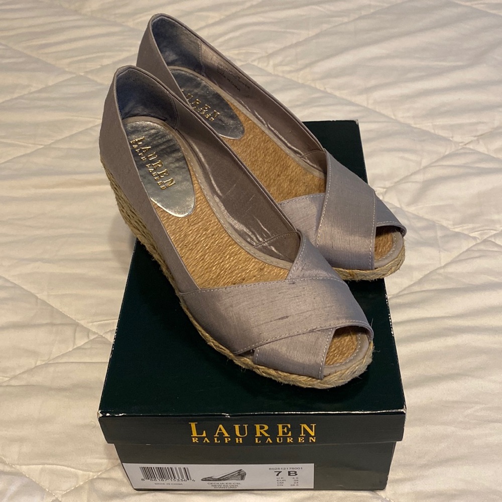 Ralph Lauren Cecilia Wedge Espadrilles - Silver Silk Shantung - Women’s Size 7